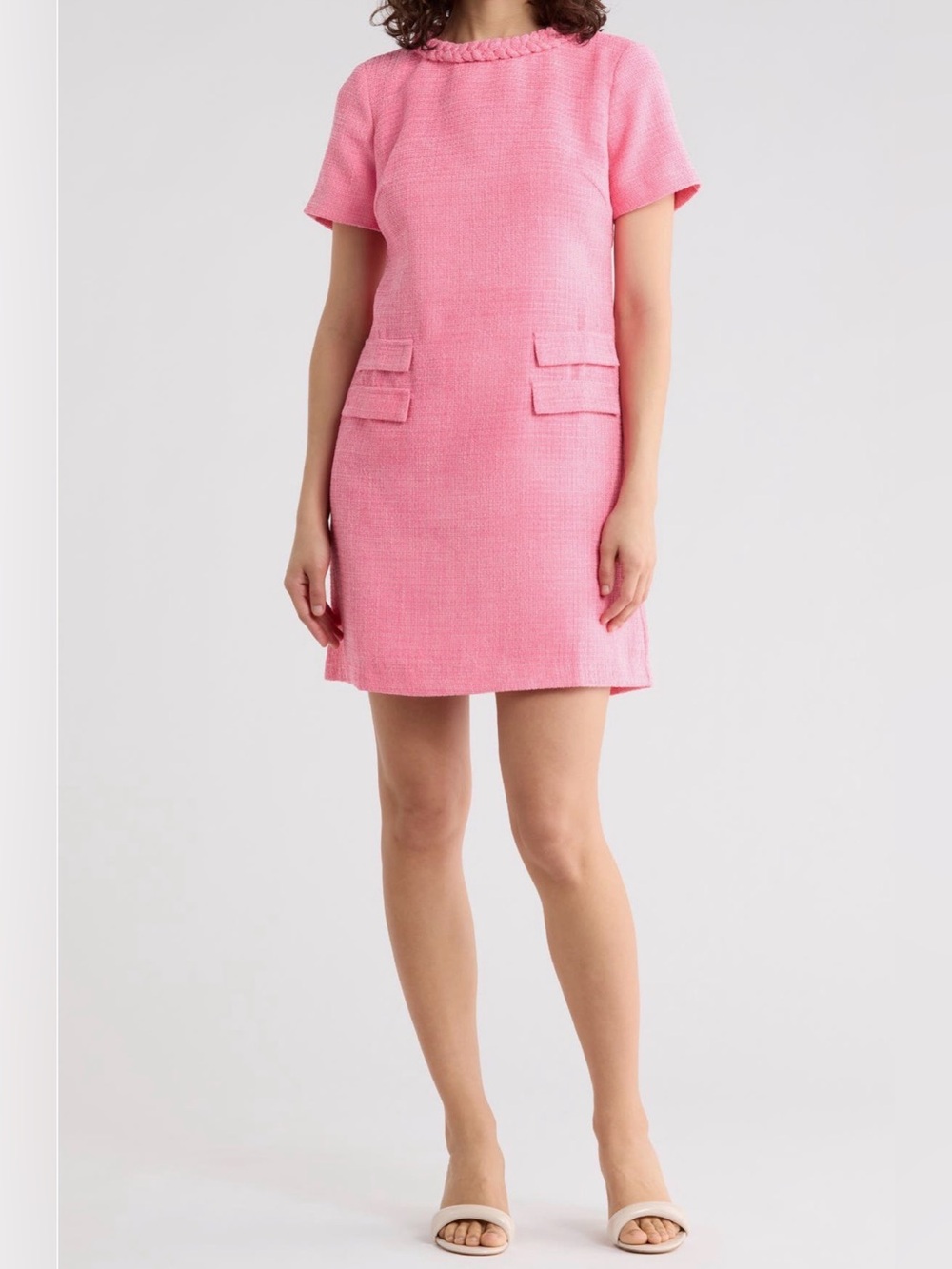 NWT Eliza J Braided Trim Tweed Boucle Shift Dress Pink Workwear Size 14
